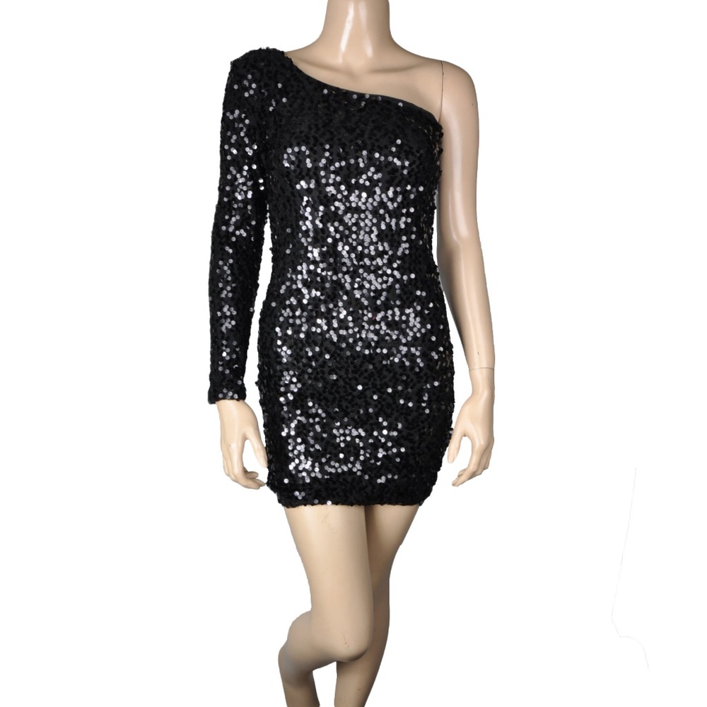 Black One Shoulder Shimmer Sequin Bodycon Dress